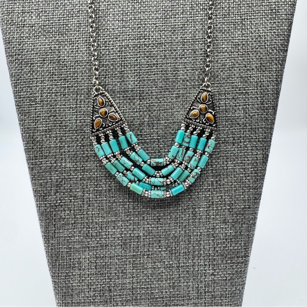 Vintage Turquoise Silver Adjustable Necklace Gemstone Embossed - Picture 4 of 12
